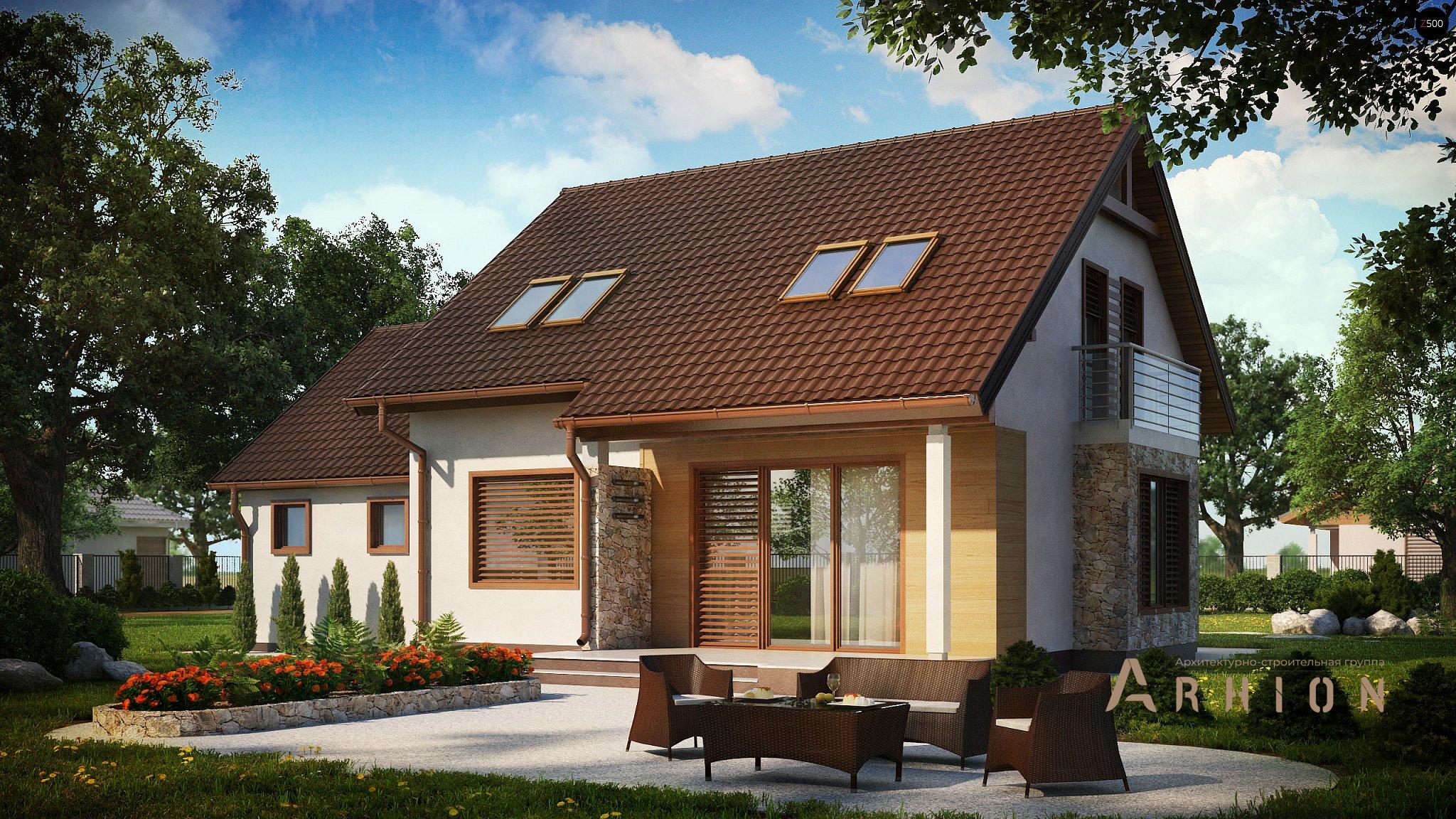 14. Проект одноэтажного дома в европейском стиле с двускатной кровлей, Z102 GP, площадью - 149 кв c мансардой, терассой, балконом, гаражом, эркером